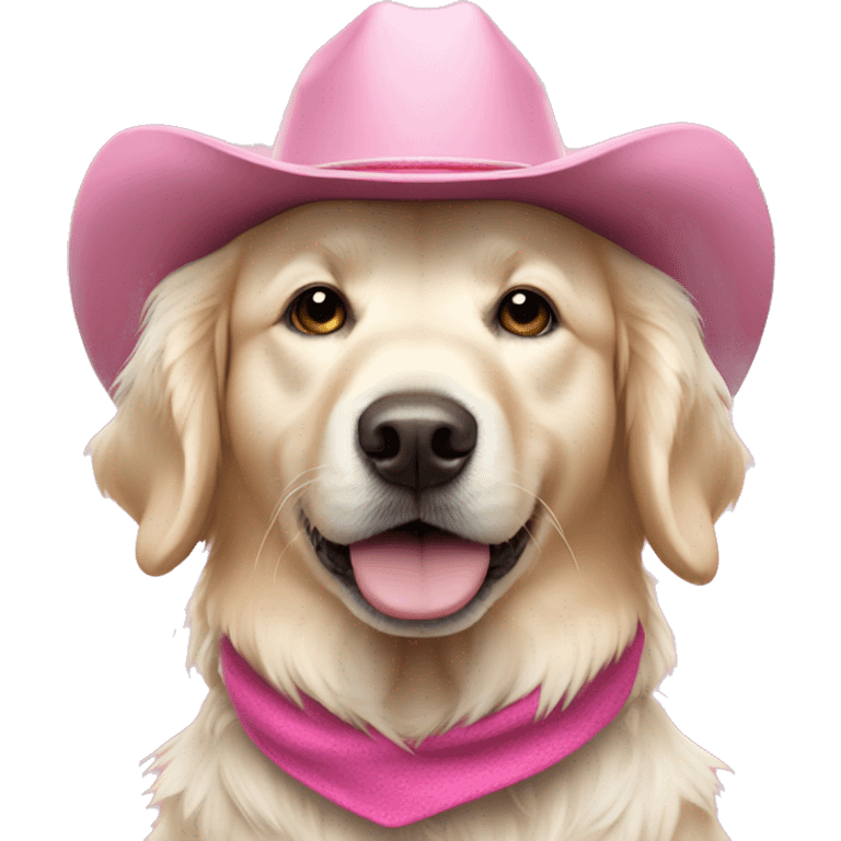 White golden retriever wearing pink cowboy hat emoji