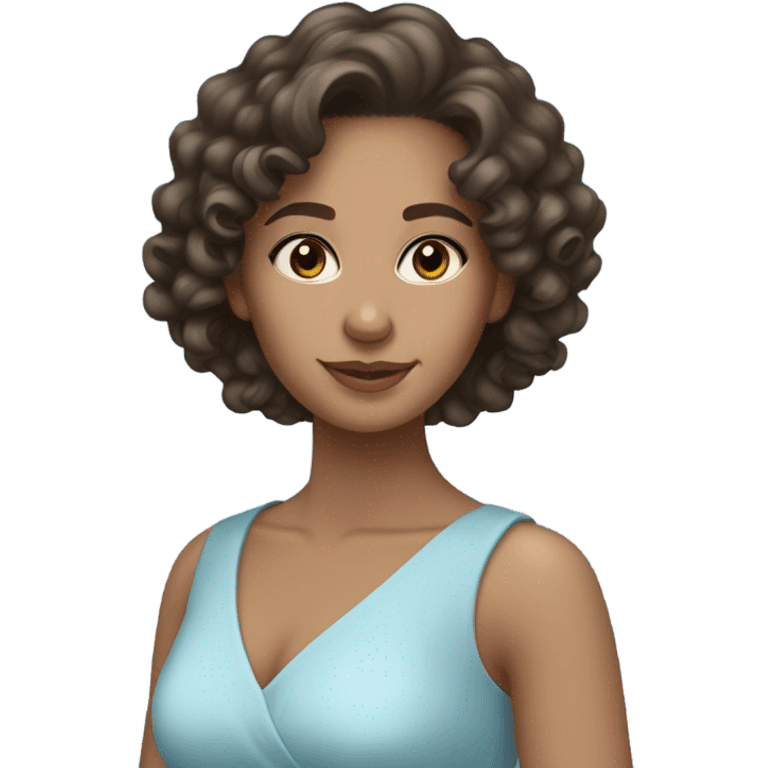 Pretty brunette long curly haired woman in a light blue pretty modest dress  emoji