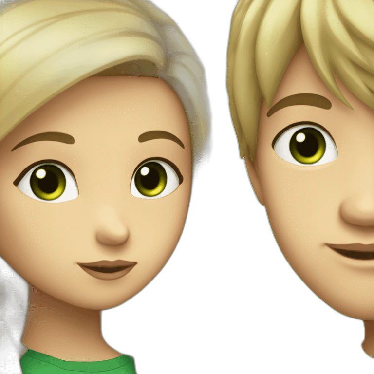 a blond boy with brown-green eyes kisses a brunette girl with long straight hair and bright green eyes on the cheek emoji