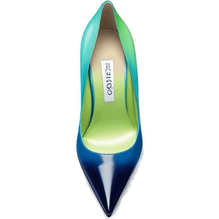 Realistic isolated top view of a pair of navy blue,pastel blue,lime green,and mint green ombre Jimmy Choo high heel shoes. emoji