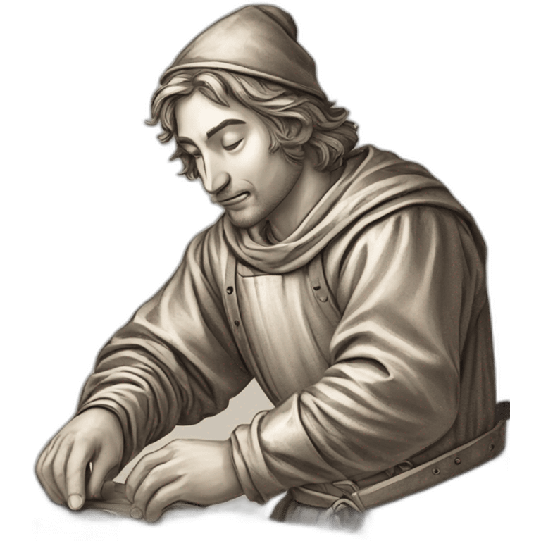 old and experience coin engraver apprentice yielding a coin, medieval age emoji