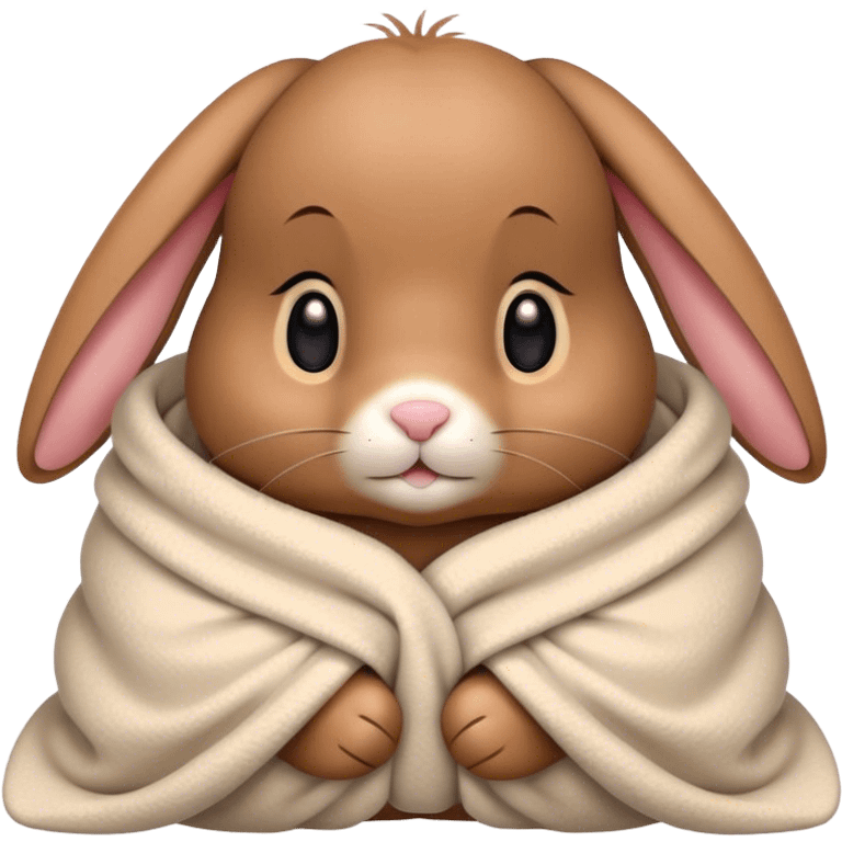 Floppy-eared brown bunny cozy in blanket  emoji