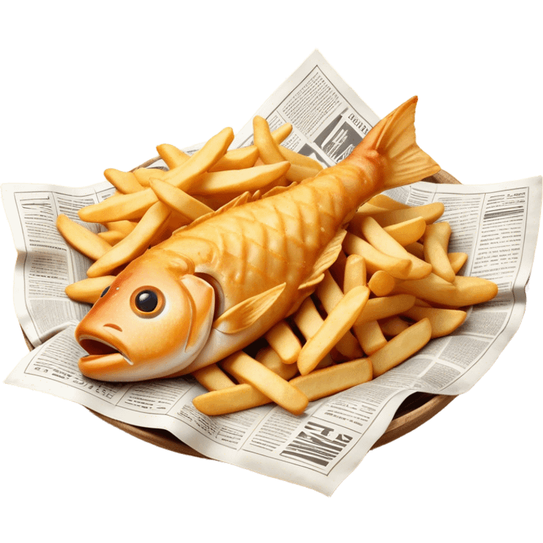 Cinematic Realistic Fish and Chips Dish Emoji, depicted with crispy golden battered fish and chunky hand‚Äêcut chips served in traditional newspaper wrapping, rendered with mouth‚Äêwatering texture and warm natural lighting that captures its quintessential British charm. emoji