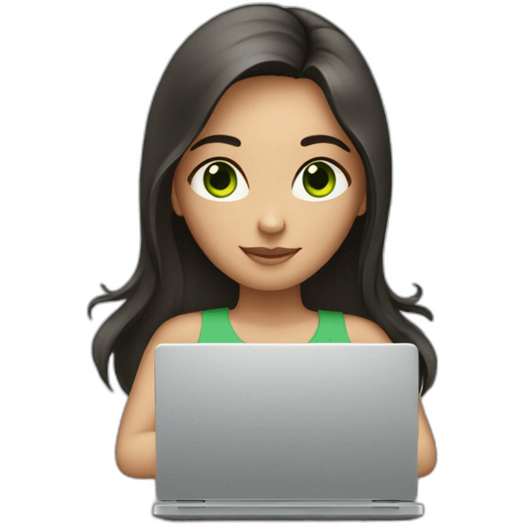 Girl with long dark hair, green eyes and laptop emoji