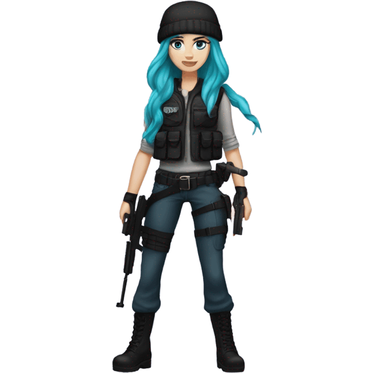 Girl, white skin, tactical vest, dark pants, long teal hair, blue eyes, black purple beanie hat, gun, black combat boots emoji