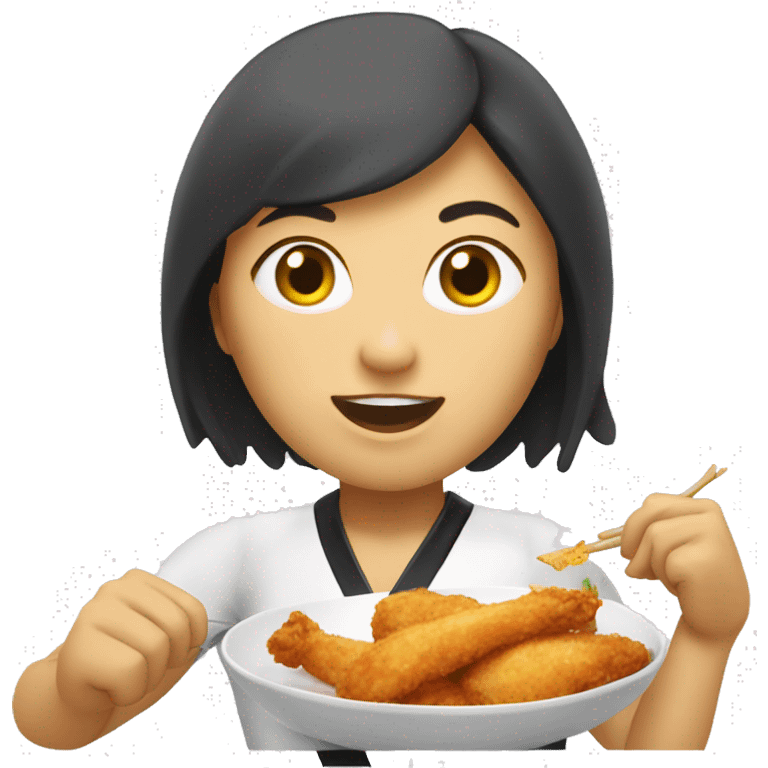 asian taekwondo lady eating chicken tenders emoji