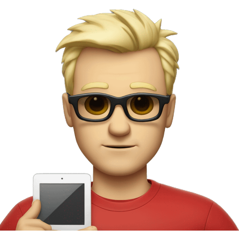 Nerdy middle aged white man with short blond spiky hair looking confused and wearing sunglasses and a red tee shirt holding an electronic tablet emoji