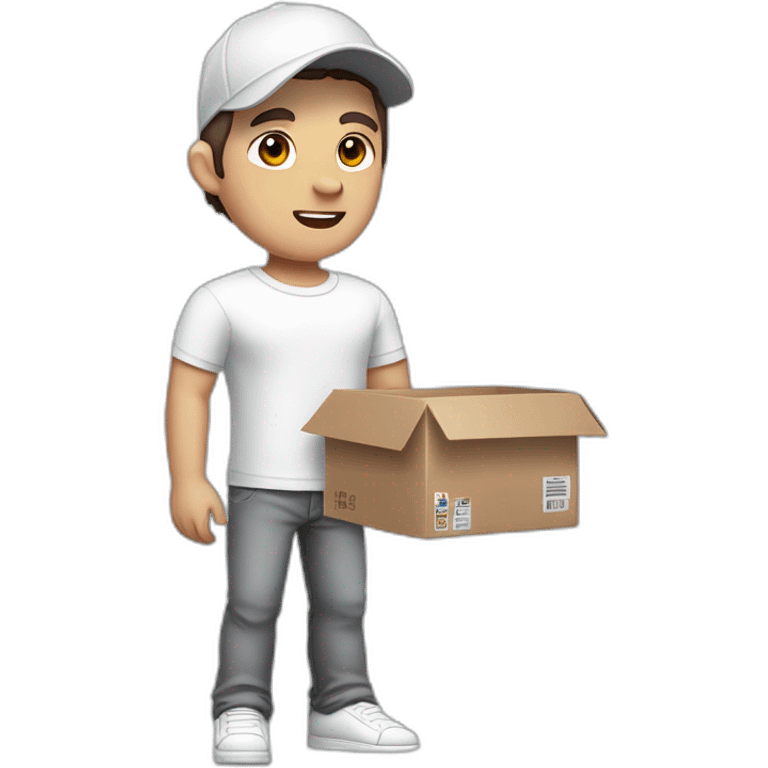 Pale skinned fit Man with dark brown hair in a white cap, gray jeans and gray polo T-shirt keeping a pasted with tape box into his hands emoji