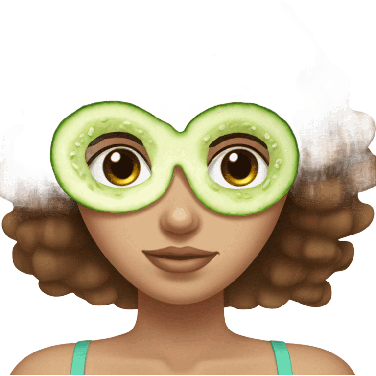 Girl with white skin brown hair freakles and blue eyes wears a green hydratating skin care mask plus on her eyes pickle cuts emoji