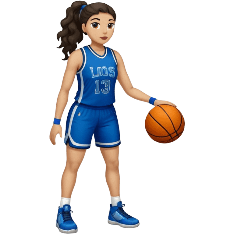 full body plus size light skin latino women basketball player with wavy dark hair in pony tail wide nose wearing blue uniform with green accent emoji