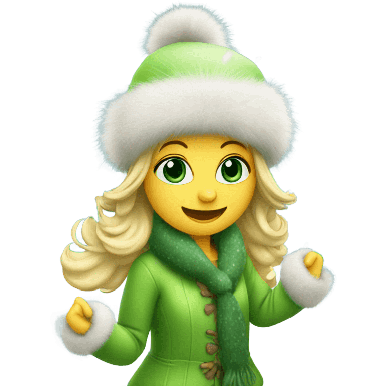 blonde girl with green eyes in a fur hat dancing in the snow full body emoji