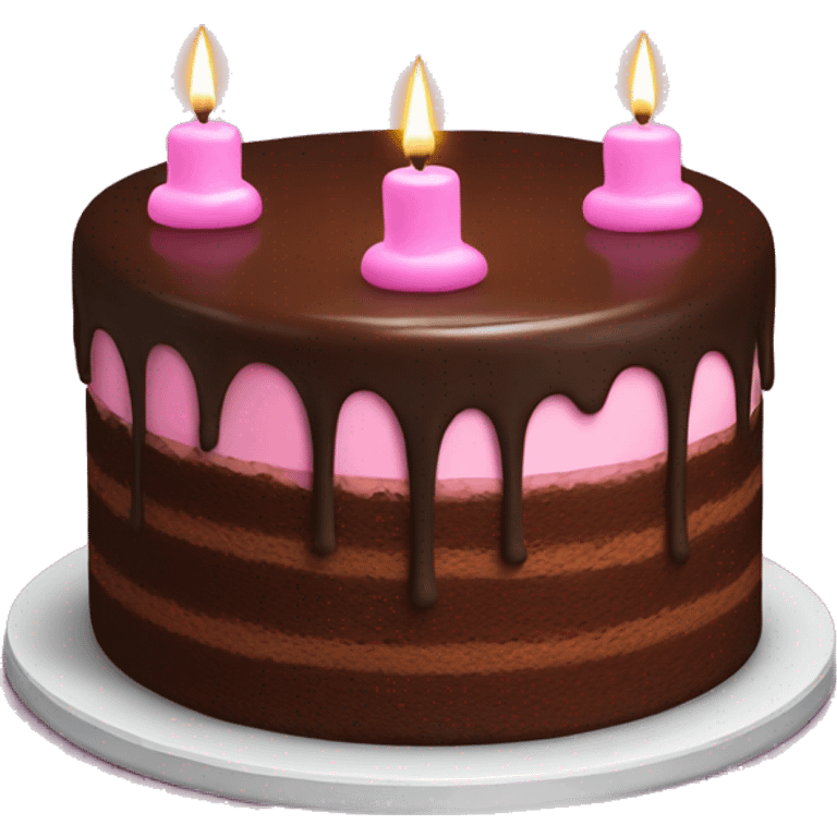 chocolate cake with pink icing on top and candles emoji