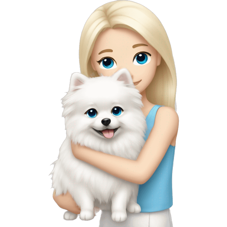 Blond girl white skin blue eyes hugging white Pomeranian with light pink bow emoji