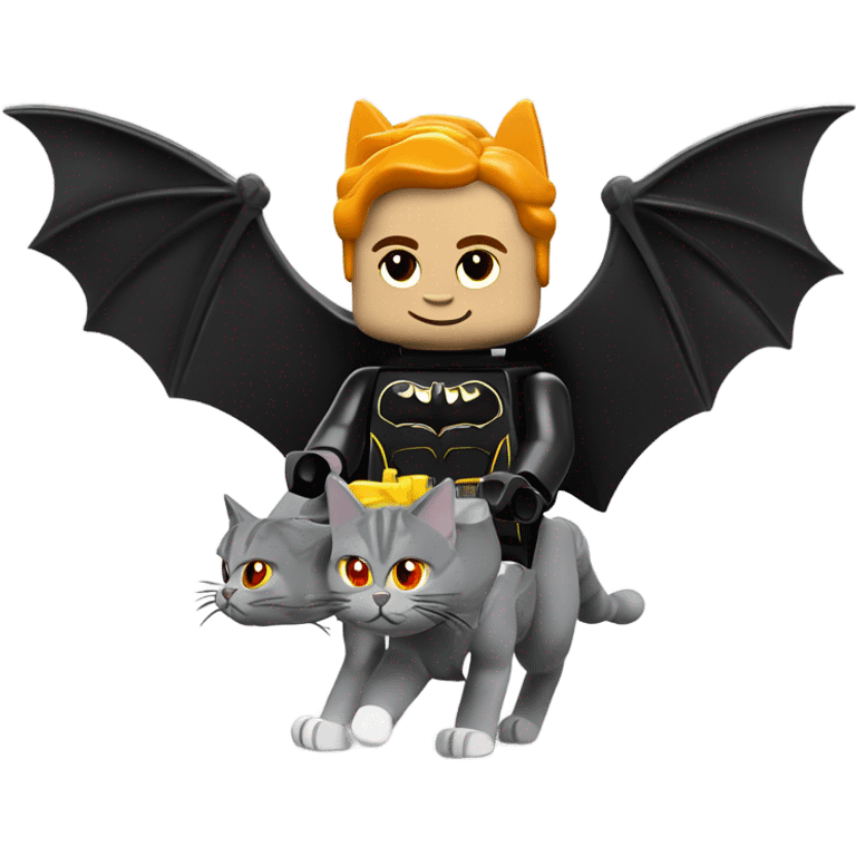 Lego Batman riding a Grey and black tabby kitten with white legs, and wings of fire  emoji