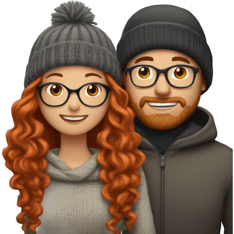 Red haired white couple kissing. Woman long hair with beanie. Man curly hair with glasses. emoji