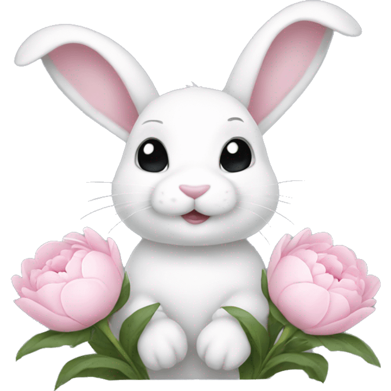 cute white bunny holding light pink peonies emoji