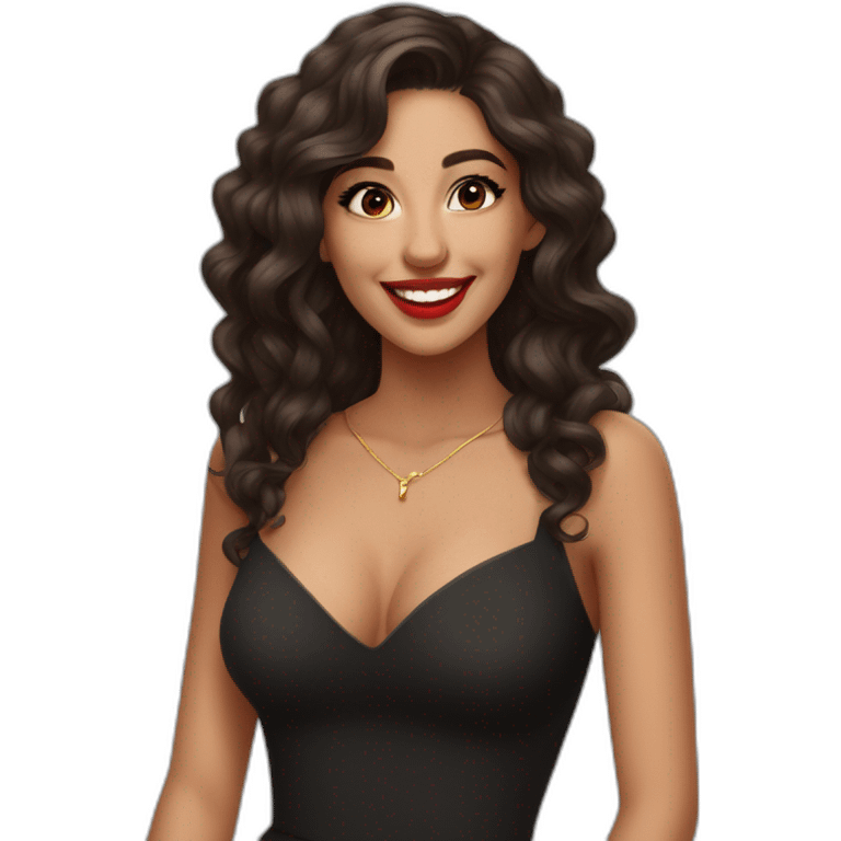 young moroccan woman with dark brown eyes, brown long curling hair with lighter tips, red lips, big smile, cleavage black dress emoji