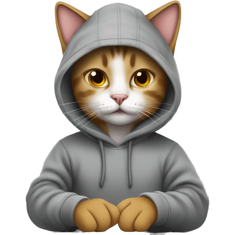 cat is a graphic designer in a hoodie and headphones, working at a computer in photoshop emoji