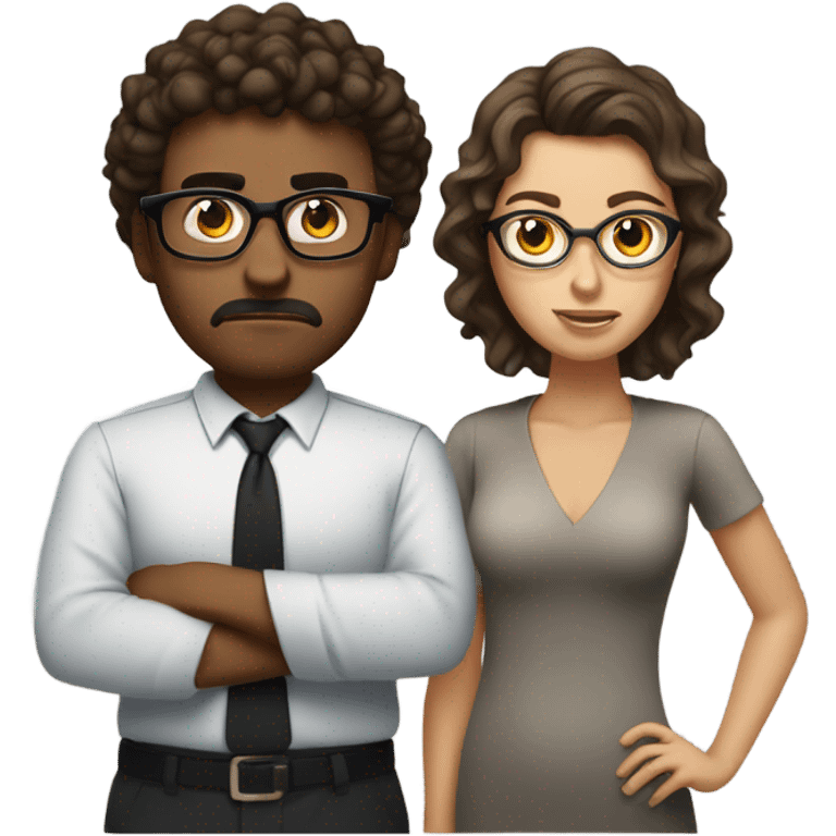 Create a guy with short curly brown hair and glasses. With a glass board background and an angry woman next to him emoji