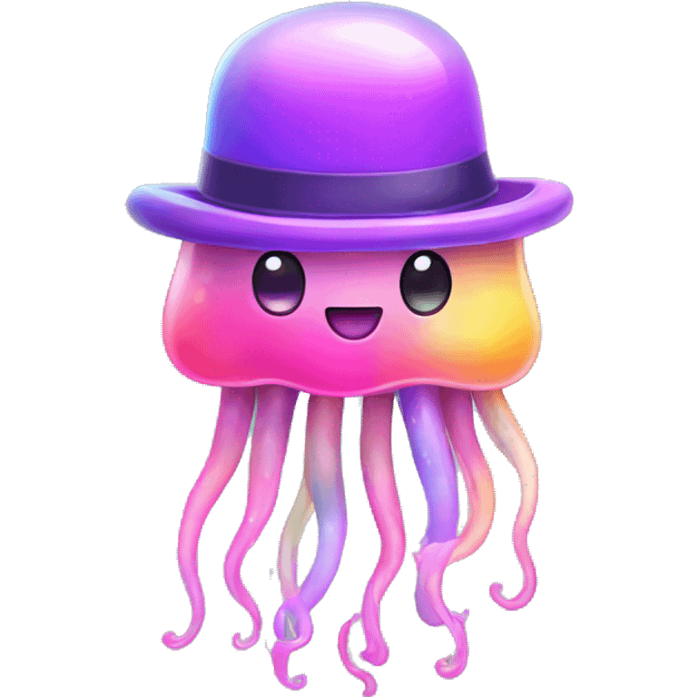 Kawaii pastel rainbow jellyfish with neon top hat  emoji