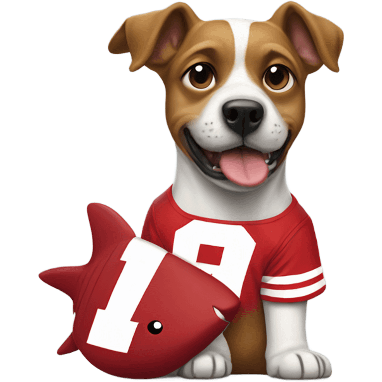 Dog with a shark fin wearing Nebraska Cornhusker jersey  emoji