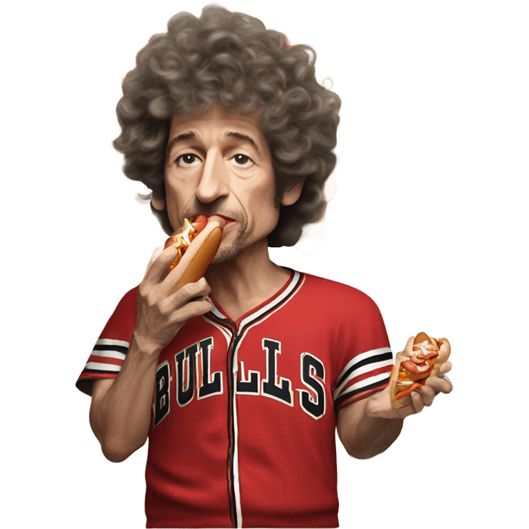 Bob Dylan eating a chicago style hot dog in a chicago bulls jersey emoji