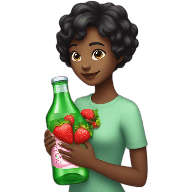 black girl, brown eyes, short black hair hugging a bottle of strawberry volvic emoji