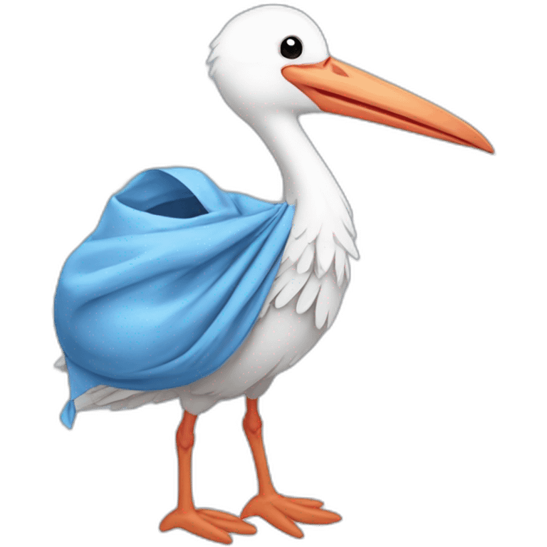 White stork carrying a blue bundle of cloth in its big beak that has a cute human person cute baby boy inside and his head is peeking from the fabric the strok is carrying in its beak emoji