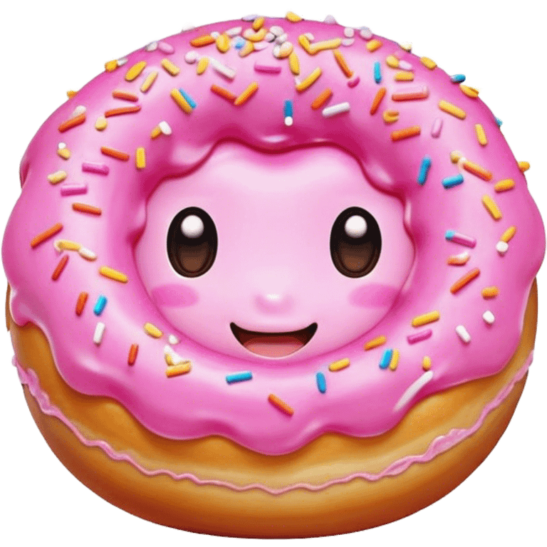 Cinematic tiny happy donut, round and fluffy, golden brown with pink icing and sprinkles, tiny adorable face with blushing cheeks, warm glowing background. emoji