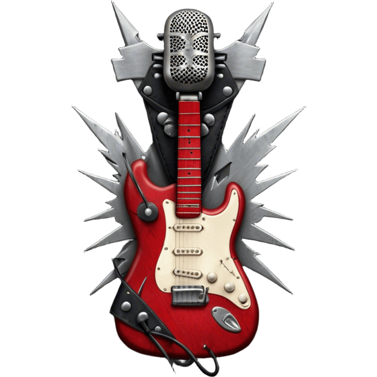 Create a powerful and dynamic humanless emoji representing rock vocals. The design should feature a classic vintage microphone with a rugged, distressed look, surrounded by elements like a guitar pick, electric guitar neck, and sound waves to reflect the raw energy of rock music. Add subtle details such as a spiked bracelet, leather textures, or bold lightning bolts to evoke the rebellious and intense spirit of rock. Use dark, edgy colors like black, red, silver, and metallic accents to emphasize the fierce, loud, and passionate nature of rock vocals. The background should be transparent. emoji