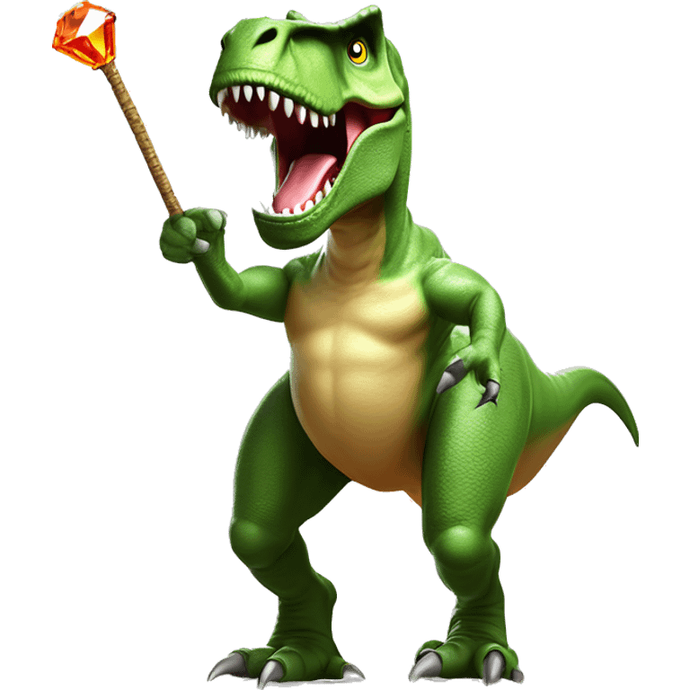 A Tyrannosaurus rex, striding confidently with a jeweled pimp cane in its tiny forelimbs, grins with predatory dominance under the Mesozoic sun. emoji