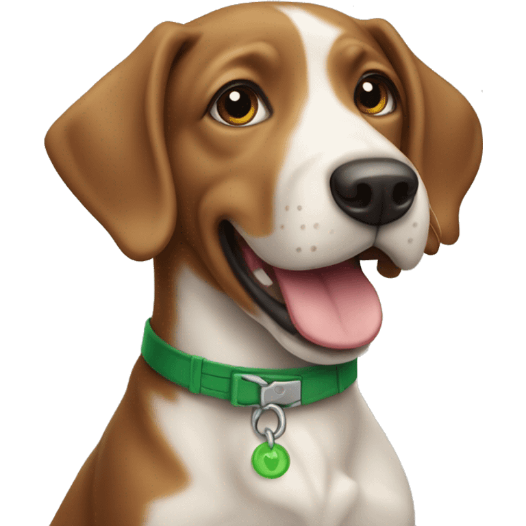 Brown and white dog with green collar and tongue sticking out emoji