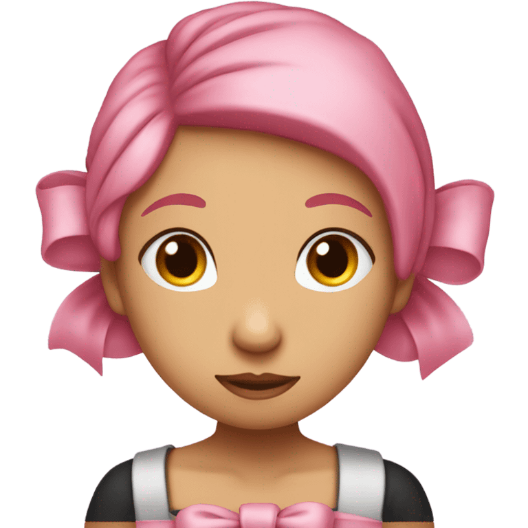 create a girl with pink hair and a bow. The girl should be hugging herself, the girl has her eyes covered and her head lowered sideways on her shoulder emoji