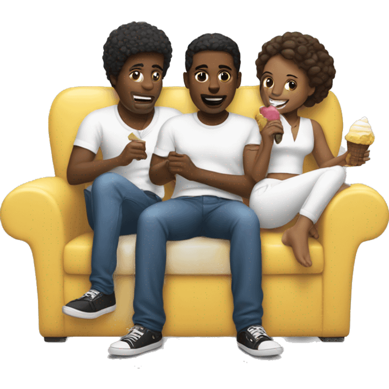 black men surrounding a girl in white on a couch eating icecream  emoji