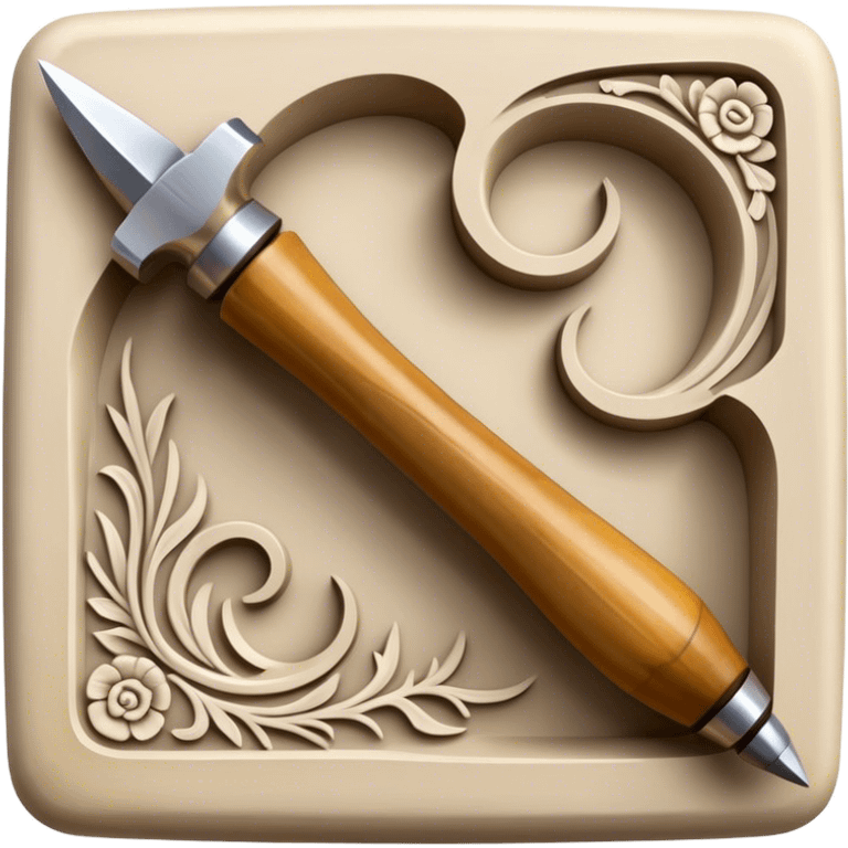 Carving icon, stone, bone, and horn being carved with chisels, fine detailed patterns visible, carving tools like chisel and awl, minimalistic style, clean lines, transparent background. emoji