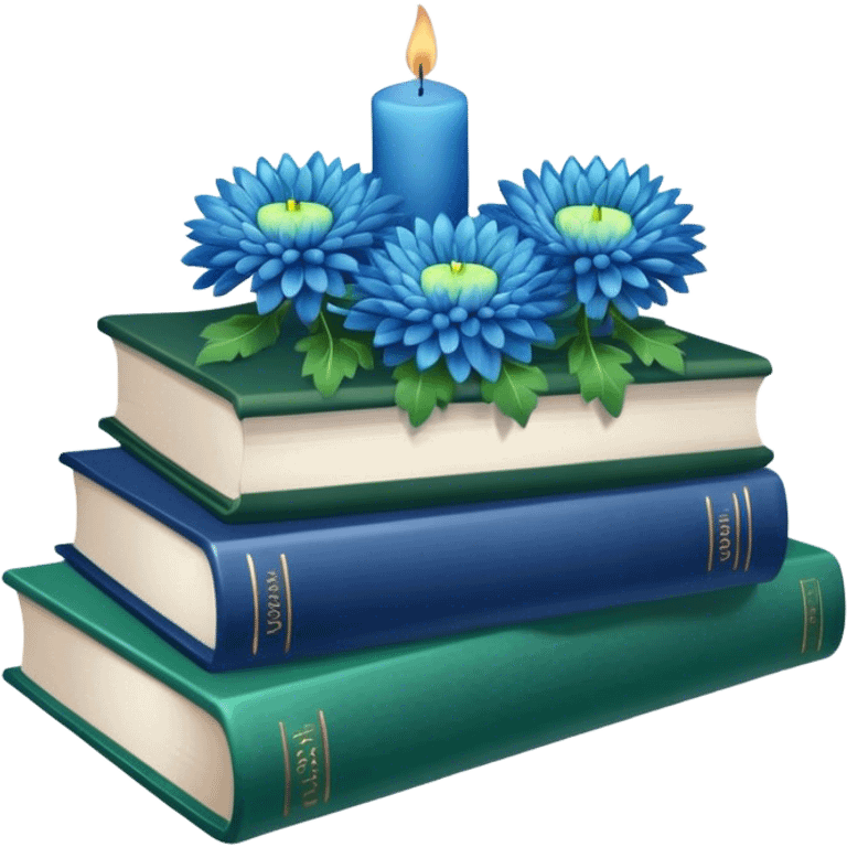 A green book stack adorned with blue chrysanthemums and a deep blue candle  emoji