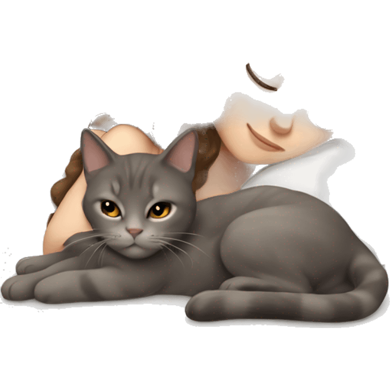 White girl brown hair sleeping with brown gray cat emoji