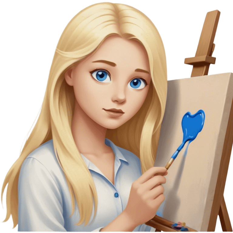 Cinematic realistic blonde with long hair, blue eyes paints a picture on canvas emoji