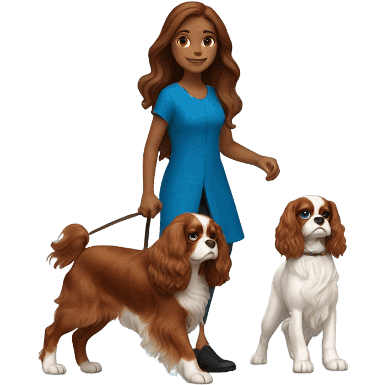 A long brown hair girl with blue eyes walking a King Charles cavalier ruby colored  emoji