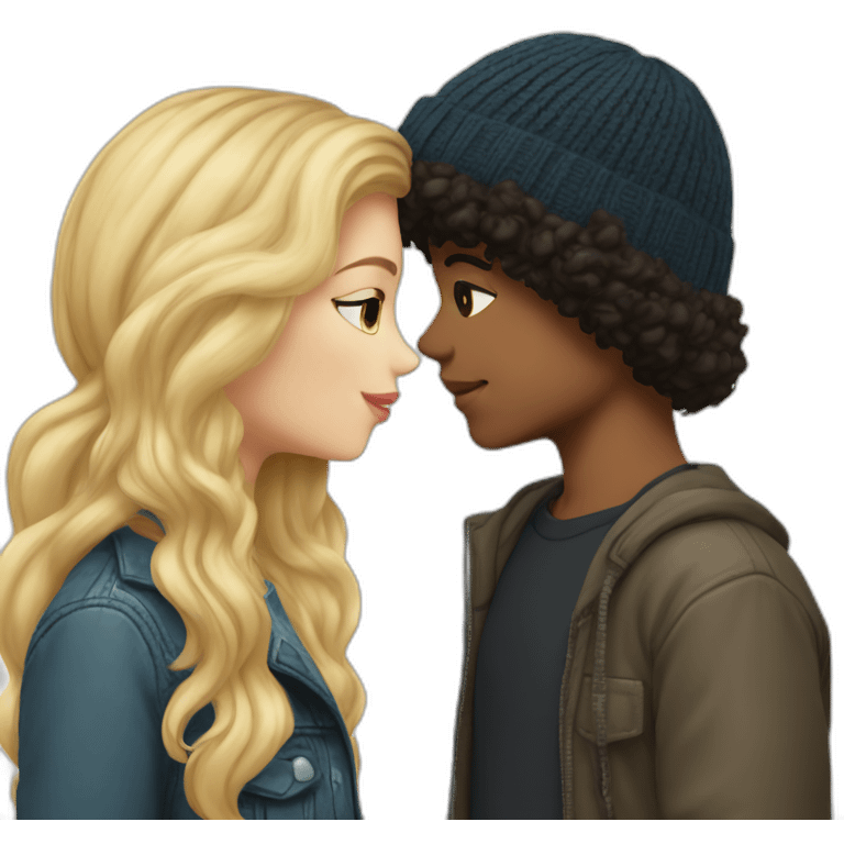 a girl with blond hair in a beanie kissing a boy with dark curly hair emoji