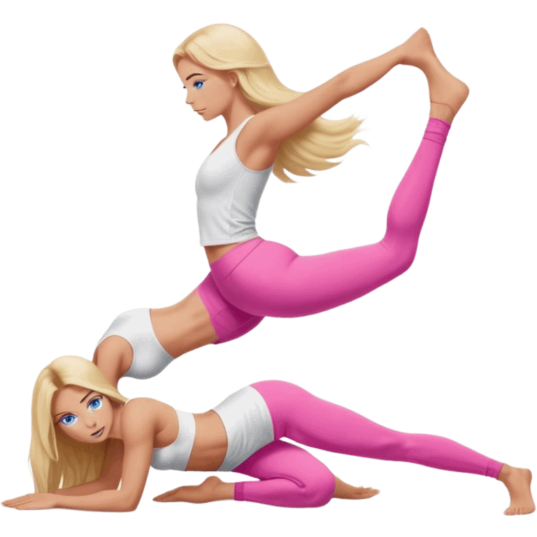 A cinematically realistic blonde with long hair and blue eyes, dressed in a white top and pink leggings, does a glute bridge exercise emoji