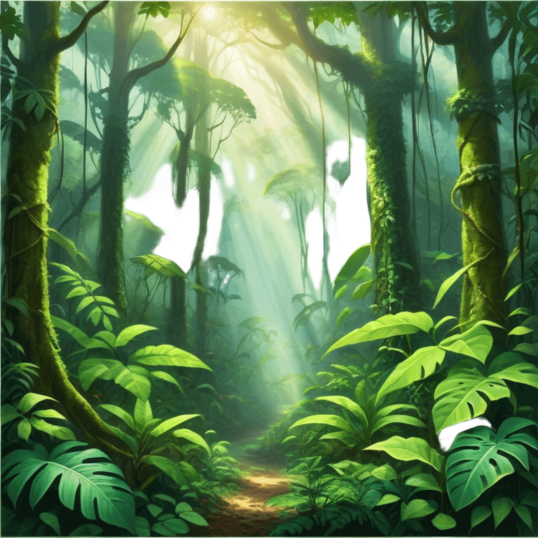 Cinematic Realistic Rainforest Emoji in a wooden frame, Lush and vibrant, filled with towering trees, thick vines, and dense green foliage, sunlight filtering through the canopy above, creating dappled patches of light on the rich, diverse undergrowth. The air is heavy with moisture, with mist rising from the forest floor and distant calls of exotic birds and animals echoing through the trees. Soft glowing outline, capturing the essence of a thriving, untamed tropical paradise filled with life! emoji