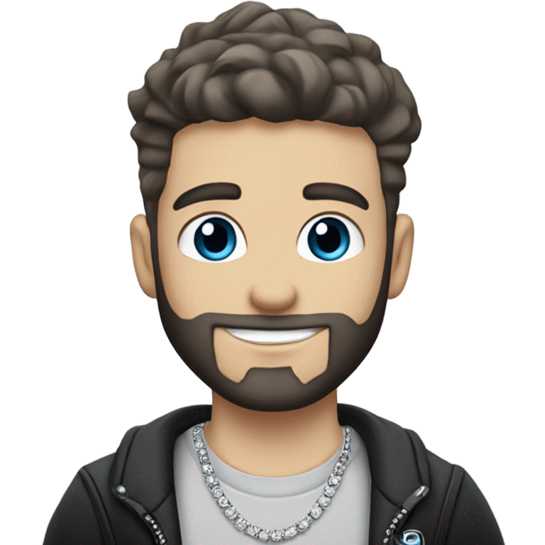 Younger white male that has grey blue eyes, dark brown hair with grey on the sides, a beard, and tattoos. He is wearing a diamond coated white gold necklace and a black punk band t-shirt while waving hello emoji