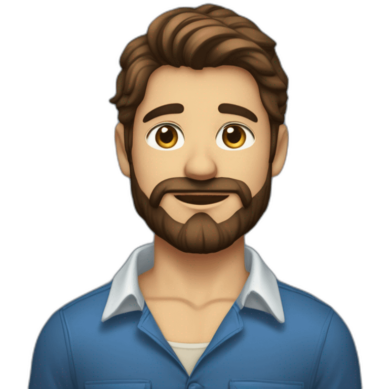 Un jeune homme avec une barbe légèrement fournie, des cheveux courts bruns et un regard confiant, vêtu d'une chemise à carreaux bleu marine. emoji