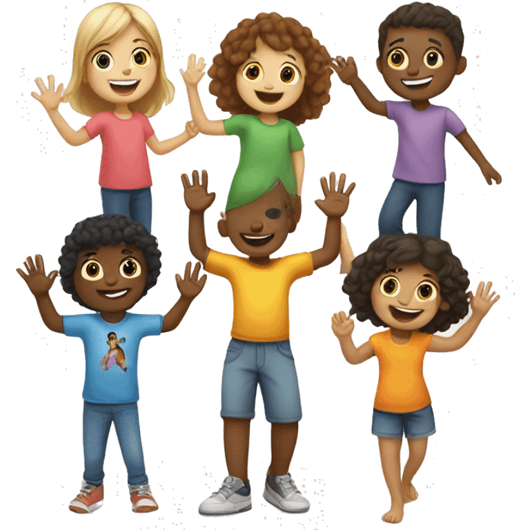 multicultural children doing a high five and a foot shake emoji