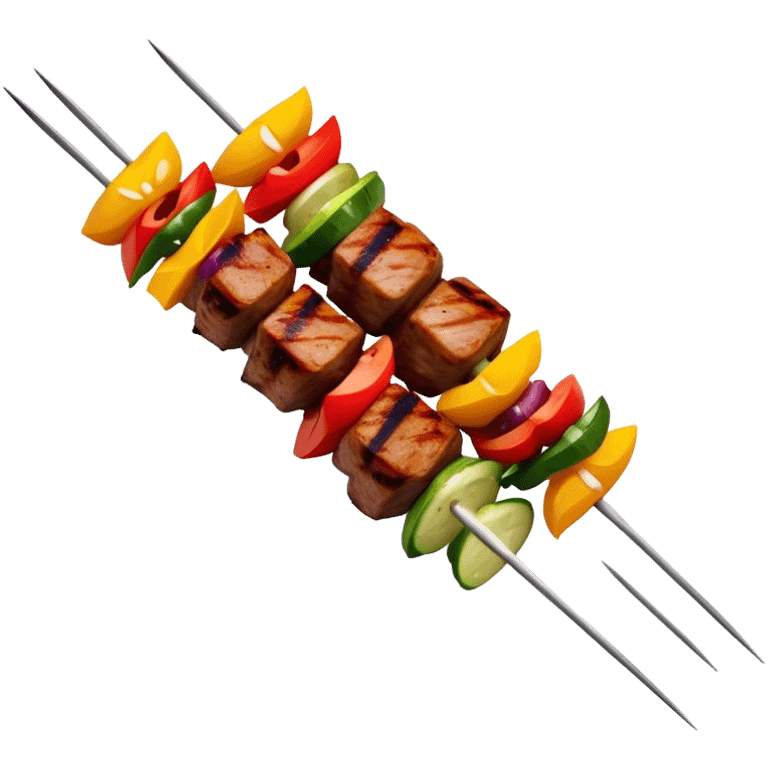 Cinematic Realistic Shish Kebab Dish Emoji, showcasing skewered, grilled meat with vibrant vegetables rendered with dynamic textures and warm, inviting lighting. emoji