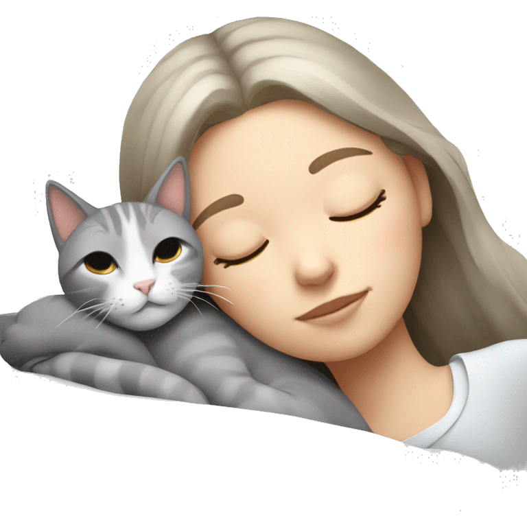 Girl sleeping with grey and white cat emoji