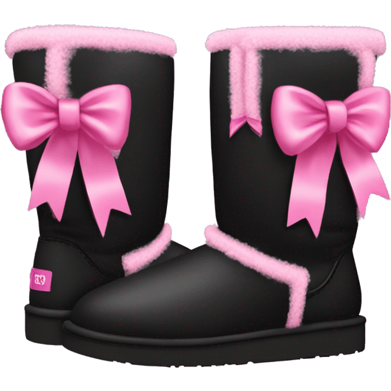 Realistic black Ugg fur boots with pink ribbon bows and stitching isolated.  emoji