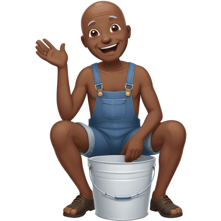 Side view Laughing telling story Old bald black man sitting on white bucket wearing overalls no shirt emoji