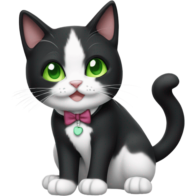 Black and white tuxedo cat with thumbs and green eyes emoji